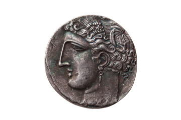 Silver 5 shekel Carthaginian coin replica with a portrait of Tanit the sky goddess and the winged horse Pegasus on the reverse from the First Punic War 264-260 BC, png stock photo file cut out and iso - obrazy, fototapety, plakaty