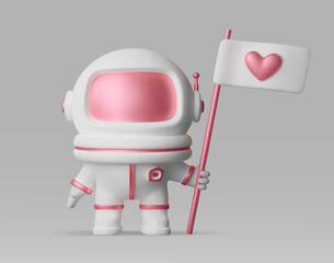 Cute astronaut with a flag and a 3d heart. Vector illustration in a modern plastic style. A spacewoman in a pink helmet. A card for a Valentine's Day or wedding design