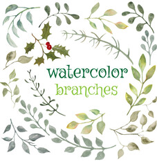 Watercolor set with abstract green branches isolated on white background. For your design of fabrics, wrapping papers, wallpapers, cards, posters. Hand drawn illustration.