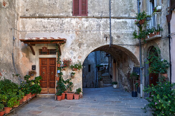 Fototapeta na wymiar Stone houses on a paved street in a small town in Tuscany