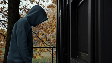 Unrecognizable man in dark clothes with hood picks door lock and enters house on evening side view
