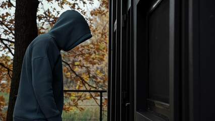 Unrecognizable man in dark clothes with hood picks door lock and enters house on evening side view