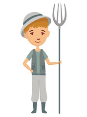 Kid profession peasant or farmer. Cartoon young person in professional uniform. Cute children occupation vector illustration. Boy character in professions suit