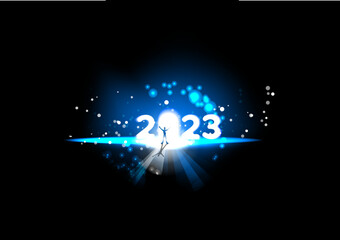 Businesman open Door for Light out 2023. Magic light around futuristic scene doorway. Shiny festive elements as futuristic energy concept. Opportunity freedom, Success power. Glowing vector wallpaper