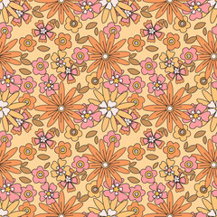 Seamless pattern of daisies, chrysanthemums and other autumn flowers. Bright, rich and organic bouquet that is perfect for wallpapers, gift paper, web page backgrounds, postcards. Vector