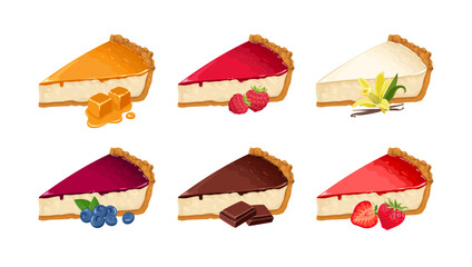 Cheesecakes set. Slice of cheesecakes with different flavors. Classic dessert strawberry, raspberry, chocolate, vanilla, caramel and blueberry. Vector cartoon illustration of sweet food.