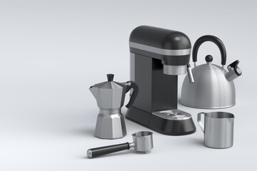 Espresso coffee machine with horn, kettle and geyser coffee maker on white .