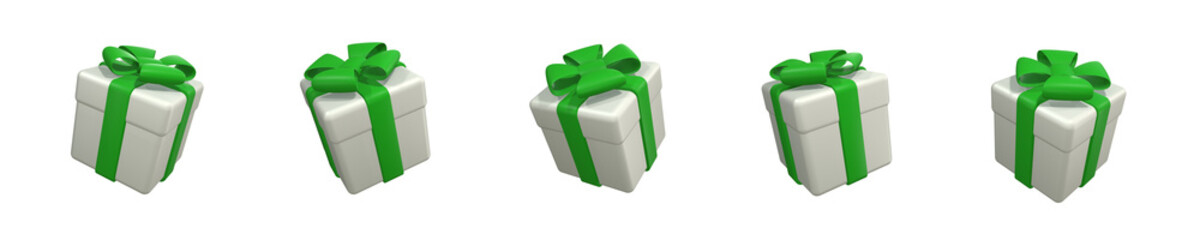 Set of white gift boxes with green ribbon and bows. Isolated on a transparent background. 3d render