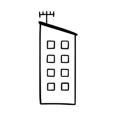 Doodle building. Hand drawn sketch style home. House building with window, roof. Vector illustration for building icon.