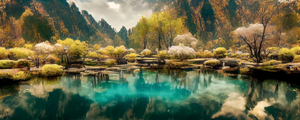 Mysteriöser Bergsee mit türkisfarbenem Wasser am Herbsttag. Zen-See. Schöne Spiegelung der Berge und Herbstlaub Panoramablick auf den Bergsee. © Viks_jin