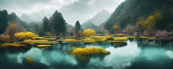 Mysteriöser Bergsee mit türkisfarbenem Wasser am Herbsttag. Zen-See. Schöne Spiegelung der Berge und Herbstlaub Panoramablick auf den Bergsee. © Viks_jin