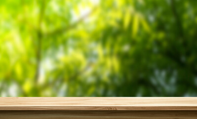empty wooden table against the blurred nature background, product display stand, 3d mockup