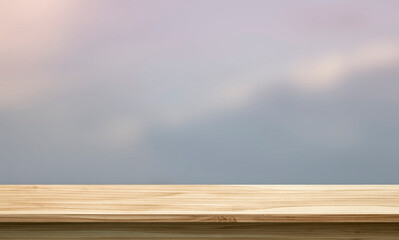 empty wooden table against the blurred nature background, product display stand, 3d mockup