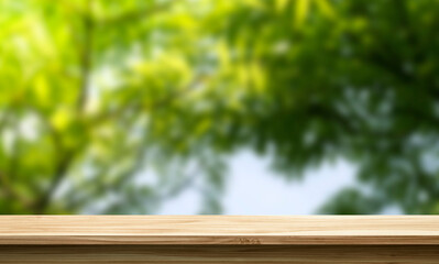 empty wooden table against the blurred nature background, product display stand, 3d mockup