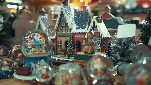 Christmas souvenirs, snow globes, doll houses and ceramic figures in a toy store showcase. Buying Christmas presents for family and kids in a cozy shop, traditional holiday shopping in a trade center.