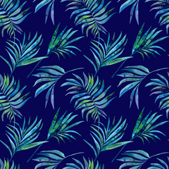 Watercolor tropical palm leaves illustration seamless pattern. On dark blue background. Hand-painted. Floral elements, palm leaves.