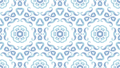 Watercolor Geometric Pattern. Symmetry Texture. Azulejo Geo Tile. Vector Seamless Wallpaper. Light Blue Bohemian Ethnic Boho Print. Indigo Decorative Optical Repeat. Artistic Geometric Print