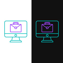 Line Online working icon isolated on white and black background. Freelancer man working on laptop at his house. Remote work. Distant job concept. Colorful outline concept. Vector