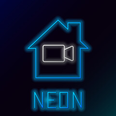 Glowing neon line Video camera Off in home icon isolated on black background. No video. Colorful outline concept. Vector