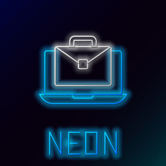 Glowing neon line Online working icon isolated on black background. Freelancer man working on laptop at his house. Remote work. Distant job concept. Colorful outline concept. Vector