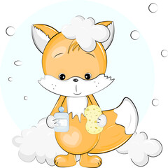 cute fox with shampoo and washcloth