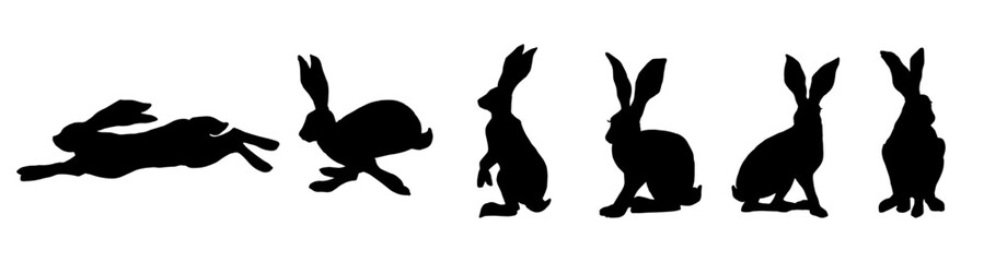 Set of silhouettes of wild forest animals hares, rabbits.Vector graphics.