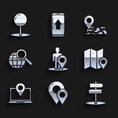 Set Map marker with a silhouette of a person, pin, Road traffic sign, Folded map location, Laptop, Magnifying glass globe, and Push icon. Vector