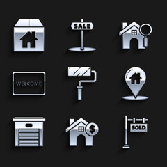 Set Paint roller brush, House with dollar symbol, Hanging sign text Sold, Map pointer house, Garage, Doormat the Welcome, Search and Cardboard box icon. Vector