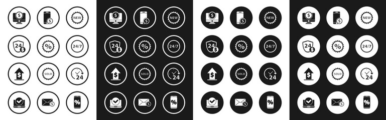 Set Price tag with New, Discount percent, Shield dollar, Computer monitor, Clock 24 hours, Smartphone, and Financial growth and coin icon. Vector