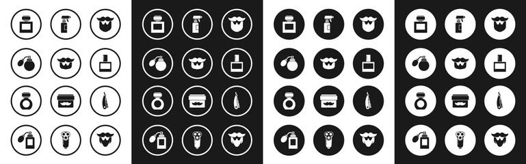 Set Mustache and beard, Aftershave bottle with atomizer, Hairdresser pistol spray, Straight razor and icon. Vector