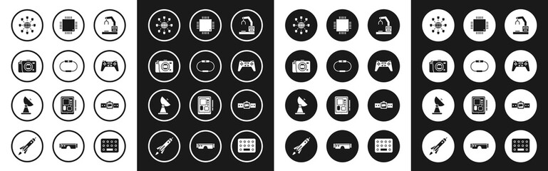 Set Robotic robot arm hand factory, Smartwatch, Mirrorless camera, Social network, Gamepad, Processor with microcircuits CPU, and Radar icon. Vector