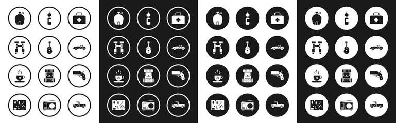 Set First aid kit, Guitar, Binoculars, Canteen water bottle, Car, Bottle of, Flare gun pistol and Coffee cup icon. Vector