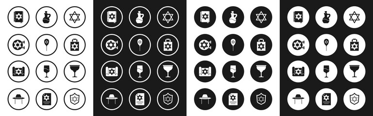 Set Star of David, Balloon with star david, Jewish synagogue, torah book, Shopping bag, Bottle olive oil, goblet and Torah scroll icon. Vector