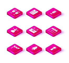 Set Festive mask, Christmas tree, snowman, Champagne bottle, star, Calendar, Glass of champagne and New year goals list icon. Vector