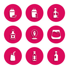 Set Alcohol or beer bar location, Beer bottle, Wine, Glass of whiskey, Cocktail, Whiskey, with glass and shaker lime icon. Vector