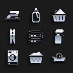 Set Towel stack, Basin with soap suds, Time wash, Water spray bottle, Washer, Clothes pin, and Electric iron icon. Vector