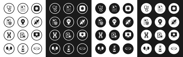 Set Emergency - Star of Life, Location hospital, Patient record, Stethoscope, Joint pain, knee pain, and DNA symbol icon. Vector