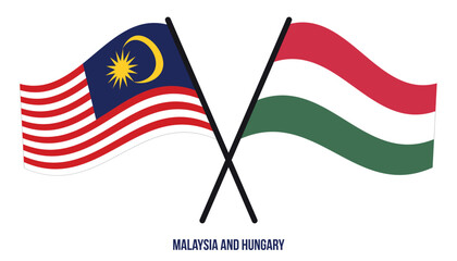 Malaysia and Hungary Flags Crossed And Waving Flat Style. Official Proportion. Correct Colors.