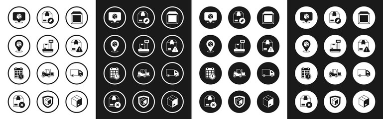 Fototapeta premium Set Carton cardboard box, Scale with, Location, Delivery security shield, cargo truck and Cardboard calendar icon. Vector