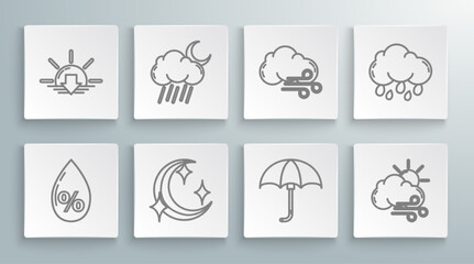 Set line Water drop percentage, Cloud with rain and moon, Moon stars, Classic elegant opened umbrella, Windy weather, and Sunset icon. Vector