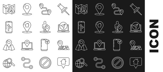 Set line Map pointer with house, Folded map location marker, Infographic of city navigation, Route, and silhouette person icon. Vector