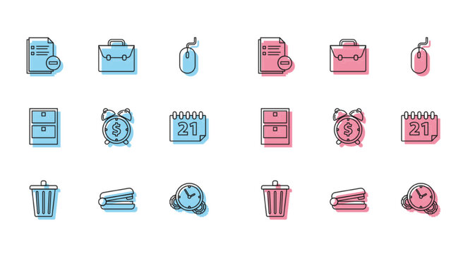 Set line Trash can, Office stapler, Document with minus, Time Management, Alarm clock dollar symbol, Calendar, Archive papers drawer and Briefcase icon. Vector