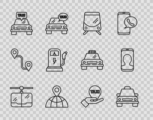 Set line Cable car, Taxi, Tram and railway, Location on the globe, Electric charging station, Hand map pointer with taxi and call telephone service icon. Vector