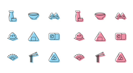 Set line Paper chinese or japanese folding fan, Asian noodles and chopsticks, Traditional Japanese tea ceremony, Sushi, Khinkali cutting board and Bowl of hot soup icon. Vector