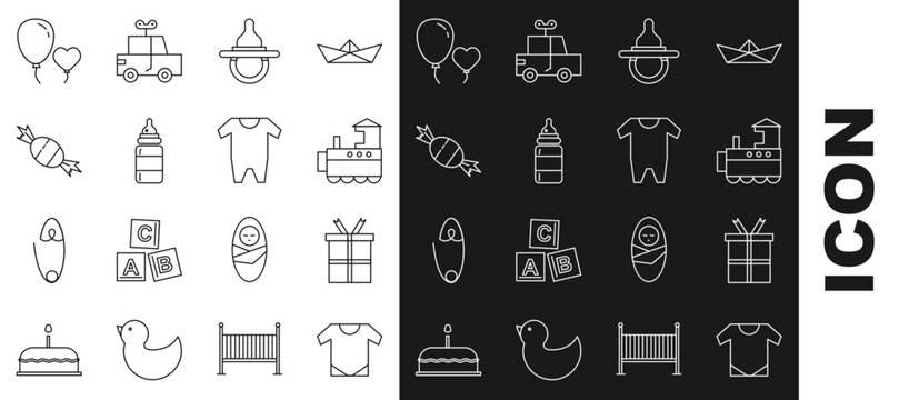 Set line Baby onesie, Gift box, Toy train, dummy pacifier, bottle, Candy, Balloons form of heart and clothes icon. Vector