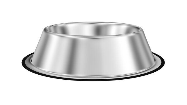 Stainless steel dog bowl. Isolated. Transparent background. 3d illustration.