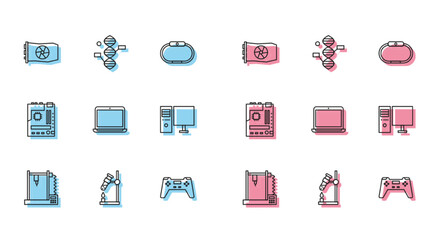 Set line 3D printer, Test tube flask on fire, Video graphic card, Gamepad, Laptop, Computer monitor, Motherboard and DNA symbol icon. Vector