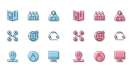 Set line Location, Create account screen, Open book, Computer monitor, the globe, Headphones, Online class and icon. Vector