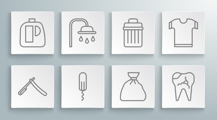 Set line Straight razor, Shower head, Sanitary tampon, Garbage bag, Broken tooth, Trash can, T-shirt and Bottles for cleaning agent icon. Vector