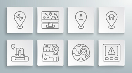 Set line Location with fountain, Monitor location marker, City map navigation, Magnifying glass globe, Gps device error, anchor, house and Car service icon. Vector